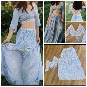 LATISTE Two Piece Floral Set. Maxi Skirt And Cropped Open Back Top.